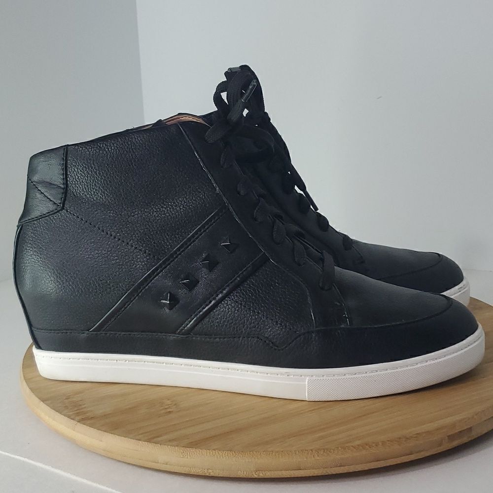 Linea Paolo Nash Hidden Wedge Black Leather Studded Sneakers Women's Size 11